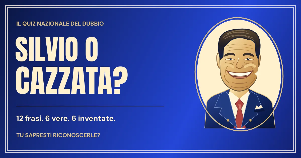 Silvio o Cazzata? Una caricatura di Silvio tra blu televisivo, oro e titoli da prima serata.